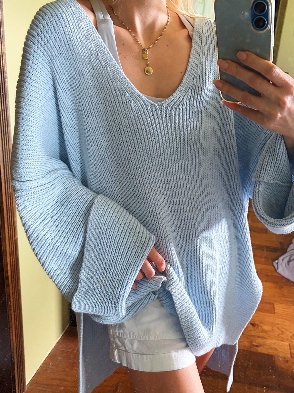 free people cotton knit blue tunic sweater split hem roll cuff oversized medium